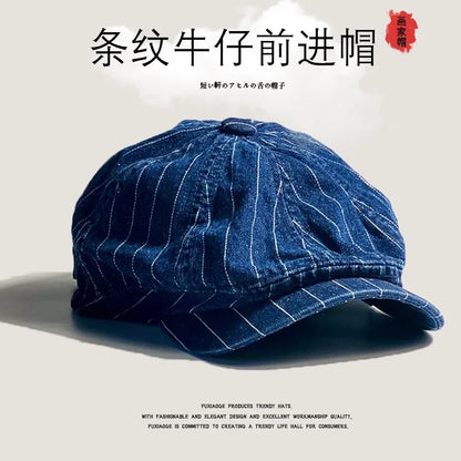 Japanese Retro Washed Striped Denim Forward Hat Men's and Women's Spring and Autumn British Outdoor Sunshade Newsboy Caps Gorras