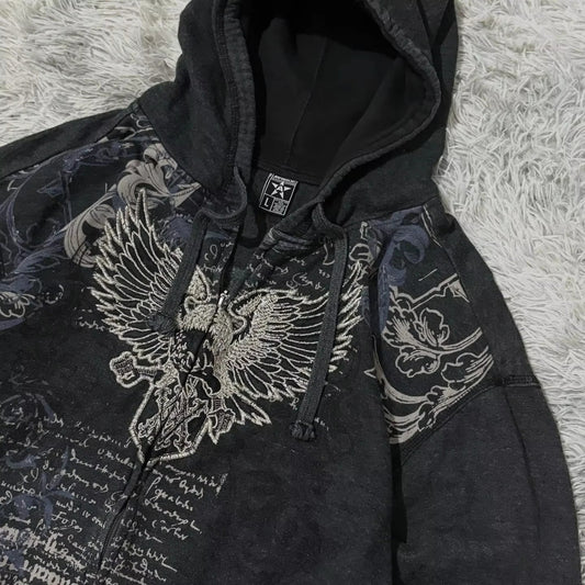 Mountainous Carving Harajuku Hoodie Y2K New Fleece Thickened Got Print Zipper Hoodie Women Street Hip Hop Joker Loose Sweatshirt