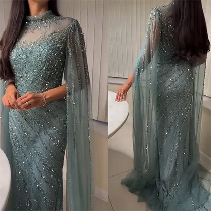 Luxury Beaded Evening Dress Cape Sleeve Dubai Sheer Neck Mermaid Formal Prom Wedding Party Gown Customized 2026