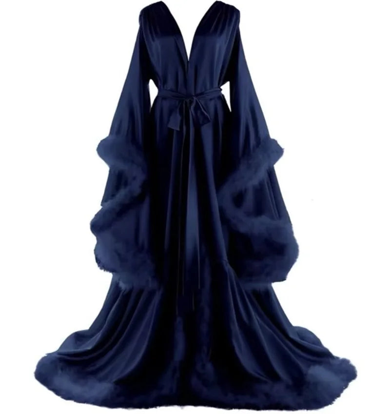 Feather Satin Women Prom Dress Sexy V Neck Full Sleeves Satin Wedding Sleepwear Evening Gown Customized Formal Bridal Robe