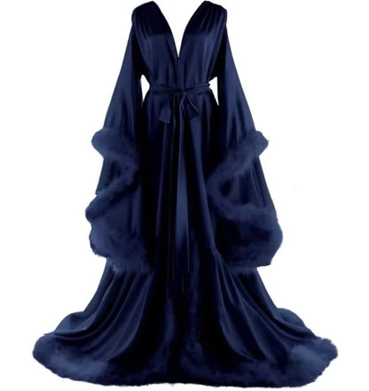 Feather Satin Women Prom Dress Sexy V Neck Full Sleeves Satin Wedding Sleepwear Evening Gown Customized Formal Bridal Robe