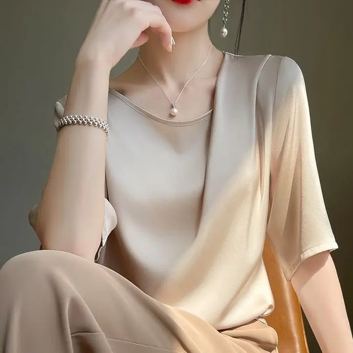Fashion Casual Loose Ladies Solid Color Silk Short Sleeve T-Shirt Simplicity Elegant Trend Temperament Pullovers O-neck