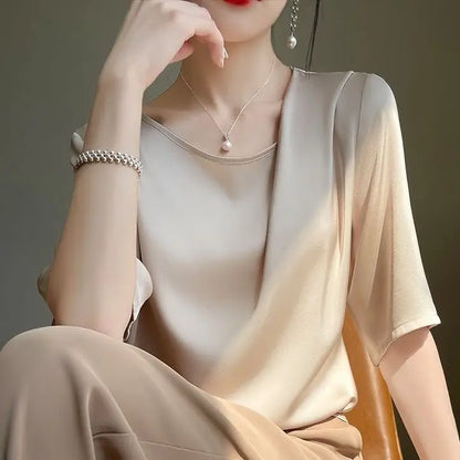 Fashion Casual Loose Ladies Solid Color Silk Short Sleeve T-Shirt Simplicity Elegant Trend Temperament Pullovers O-neck