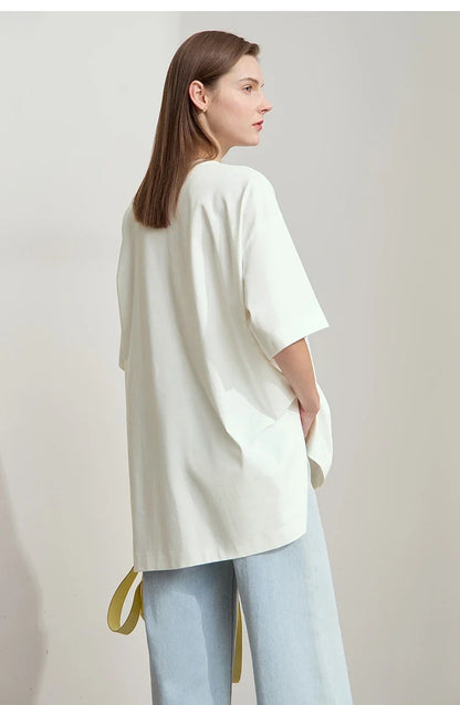 Minimalist Summer T-shirt Women Irregular Design Tops Casual O-neck Abstract Print Loose Dropped Shoulder T-shirt 12522081