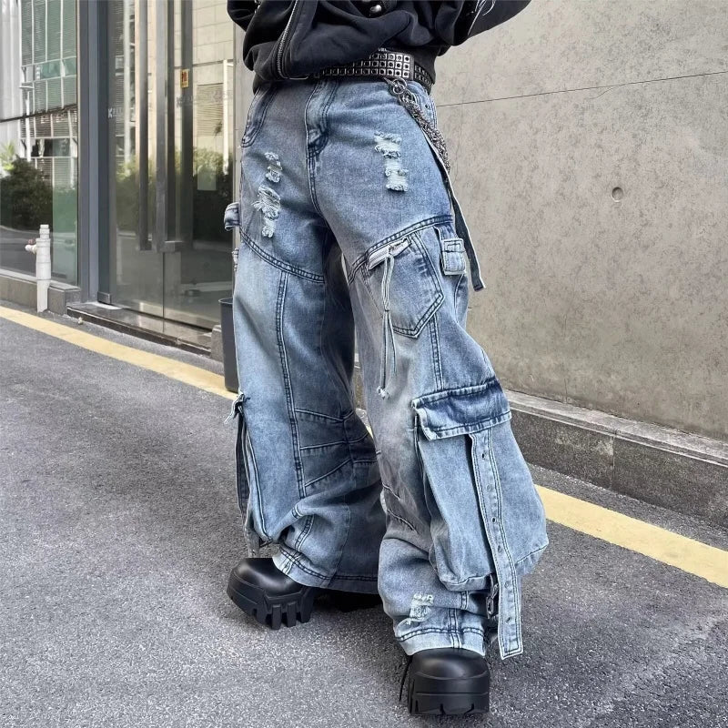 2025 Cyber Y2K Streetwear Washed Blue Baggy Ripped Cargo Jeans Pants For Men Clothing Wide Leg Vintage Loose Punk Denim Trousers
