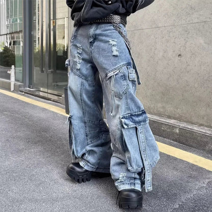 2025 Cyber Y2K Streetwear Washed Blue Baggy Ripped Cargo Jeans Pants For Men Clothing Wide Leg Vintage Loose Punk Denim Trousers