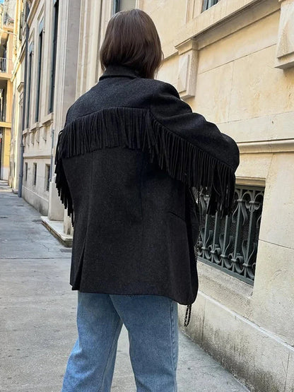 Tassels Woolen Suit Jacket Women Elegant Turn-down Collar Long Sleeve Single Breasted Pocket Autumn Winter Coats New Outerwears