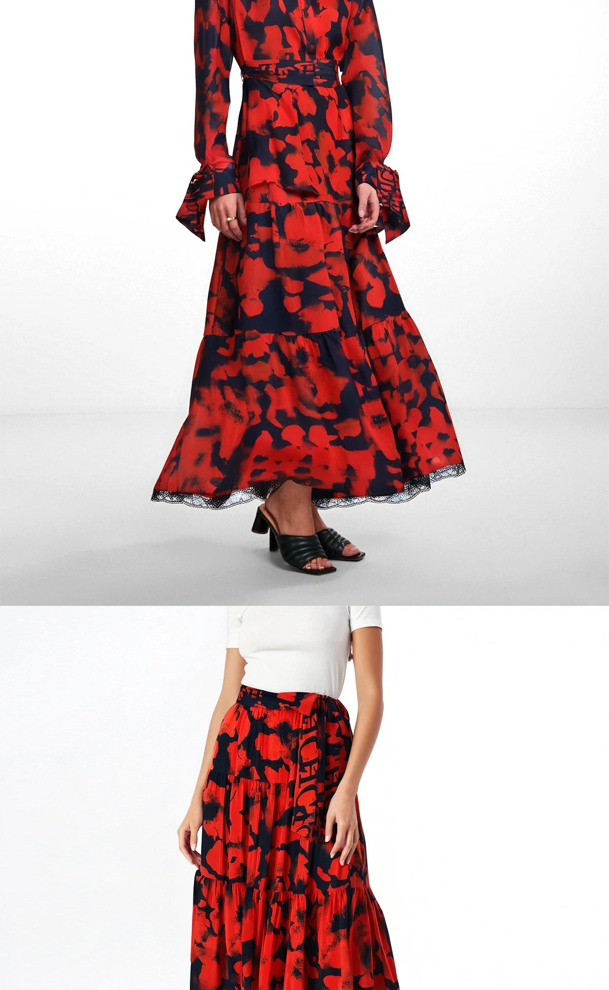 CHCH Women's Half length Skirt Summer Retro Red Printed Irregular Long Skirt Fashion Commuter Cake Skirt