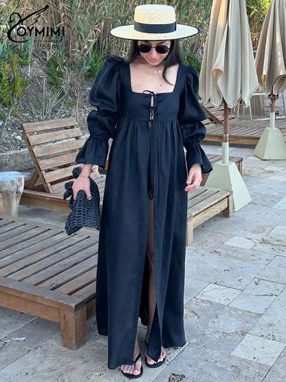 Fashion Black Lace-Up Dresses 2025 Woman Elegant Square Neck Long Sleeve Dresses Casual High Waisted Ankle-Length Dress