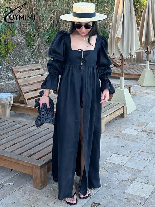 Fashion Black Lace-Up Dresses 2025 Woman Elegant Square Neck Long Sleeve Dresses Casual High Waisted Ankle-Length Dress