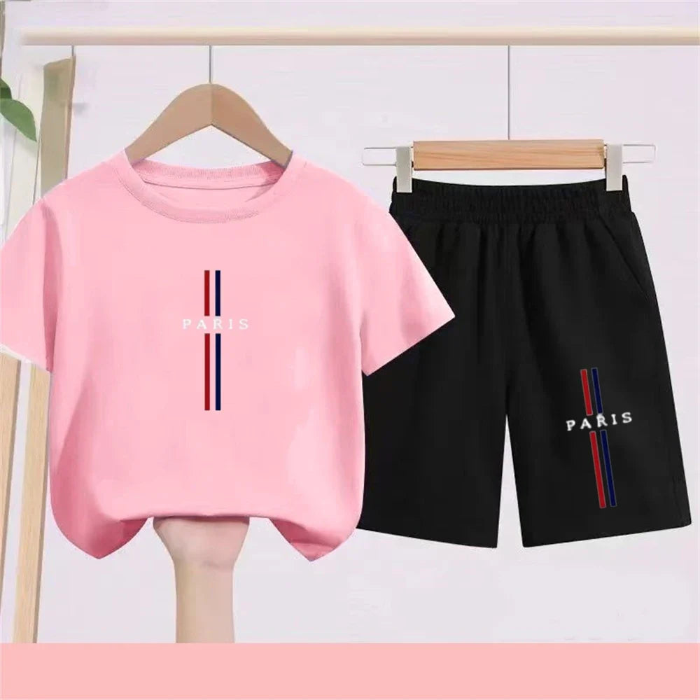 Summer Short Sleeve Children Age 3-12 Girls Boy Set White Black Tshirt+Shorts 2pcs Leisure Kids PARIS Brand Print Set