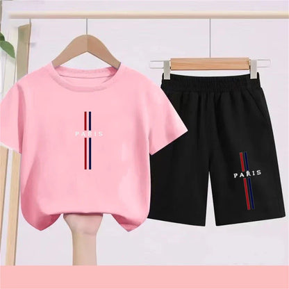 Summer Short Sleeve Children Age 3-12 Girls Boy Set White Black Tshirt+Shorts 2pcs Leisure Kids PARIS Brand Print Set