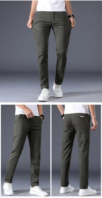 Summer Thin Men's Casual Pants Cotton 7 Colors Classic Style Elastic Straight Slim Fit Business Fashion Long Trousers Male