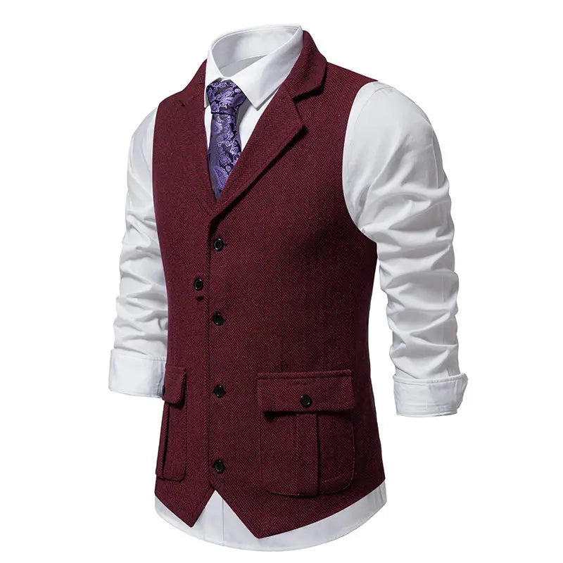 Tailored Collar Vest for Men Single Breasted Herringbone Tweed Suit Vest Mens Formal Striped Waistcoat Punk Groomsmen Wedding