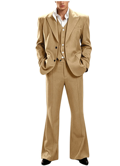 Vintage Men's 3 Piece Suit Set Peak Lapel Slim Fit 2 Button Double Breasted Blazer Vest Flared Pants for Formal Business Wedding