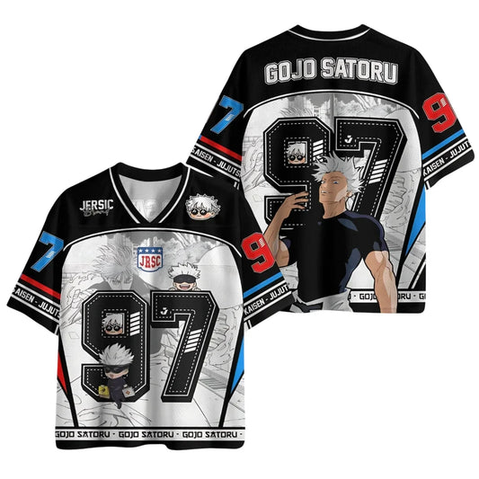 Jujutsu Kaisen Gojo Satoru 97 Jersey Men Anime Short Sleeve V Neck Black White Chibi Graphic Tee for Fans Casual Streetwear