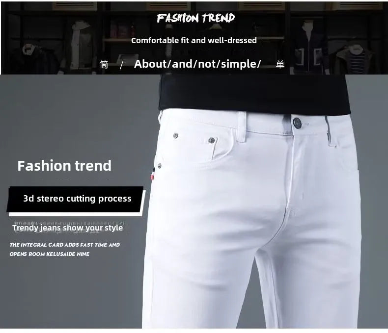 Korean Man Designer Clothes 2025 White Jeans Men Spring Autumn Printed Students Slim Stretch Pencil Pants Workwear Long Trousers