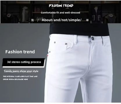 Korean Man Designer Clothes 2025 White Jeans Men Spring Autumn Printed Students Slim Stretch Pencil Pants Workwear Long Trousers