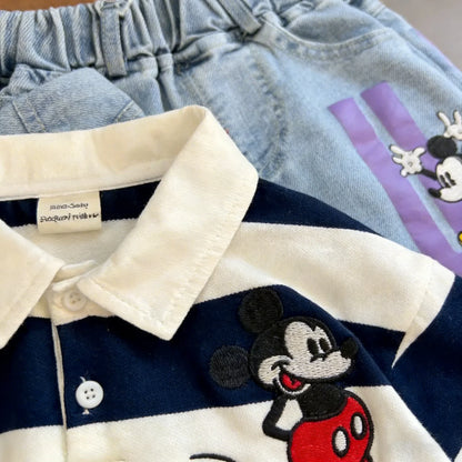 Mickey Mouse Short Sleeve Clothes Set For Kid 2026 Spring Summer Baby Boy Girl Polo Shirt+Jeans 2PCE Children Clothing Tracksuit