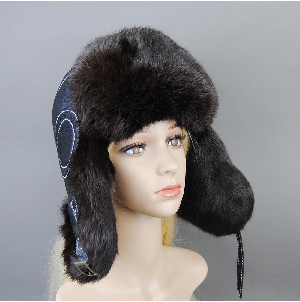 Hot Sale Winter Women's 100% Real Rabbit Fur Bomber Hat Ushanka Cap Trapper Russian Woman Ski Hats Caps Real Sheepskin Leather