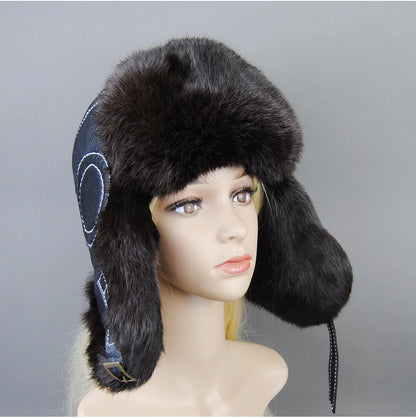 Hot Sale Winter Women's 100% Real Rabbit Fur Bomber Hat Ushanka Cap Trapper Russian Woman Ski Hats Caps Real Sheepskin Leather