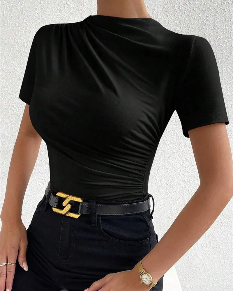 Luxury Europe and the United States Spring and Summer New Slim-fit Draw Pleated Short-sleeved Onesie Women's T-shirt
