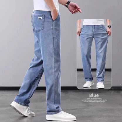 Summer Thin Straight Loose Wide Leg Pants Men's Silk Smooth Denim Jeans Casual Long Trousers Business Gentleman Style Water W...