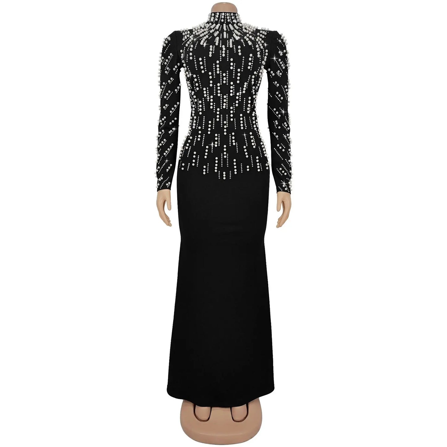 Temperament Elegant Party Diamond Pearl Long Bodycon Dress Women O Neck Long Sleeve Glitter Club Evening Black Sheath Maxi Dress