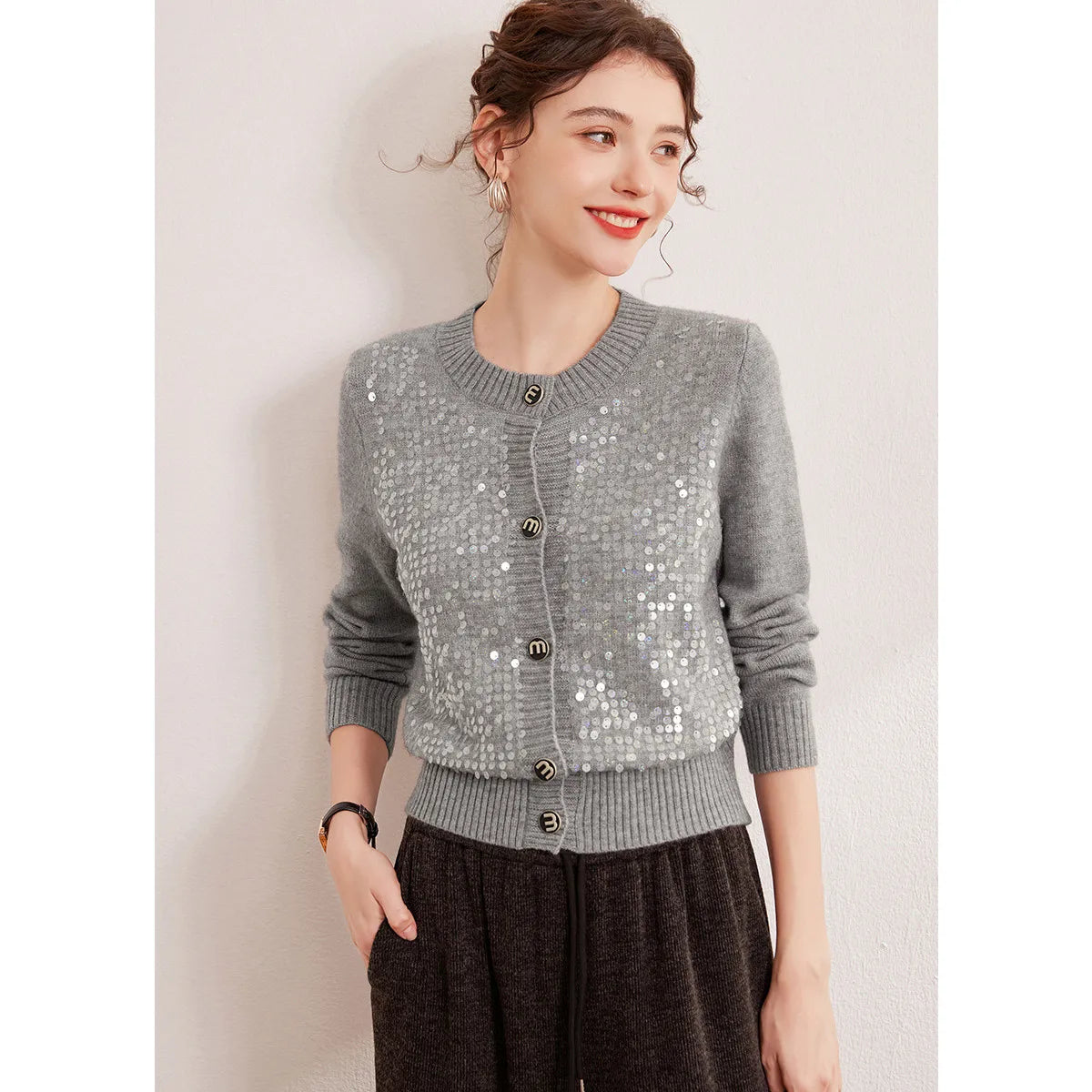 2025 Autumn/Winter Round Neck Sparkling Knitted Cardigan Micro Elastic Color Clash Button Long Sleeve Women's Sweater