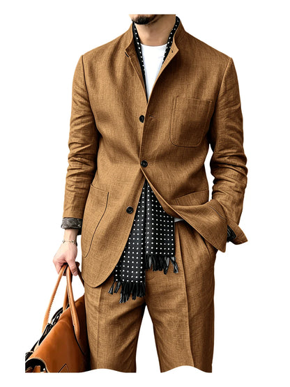 Men's Linen Blend 2 Piece Suit Set Stand Collar Breathable Casual Blazer Pants For Business Daily Wear