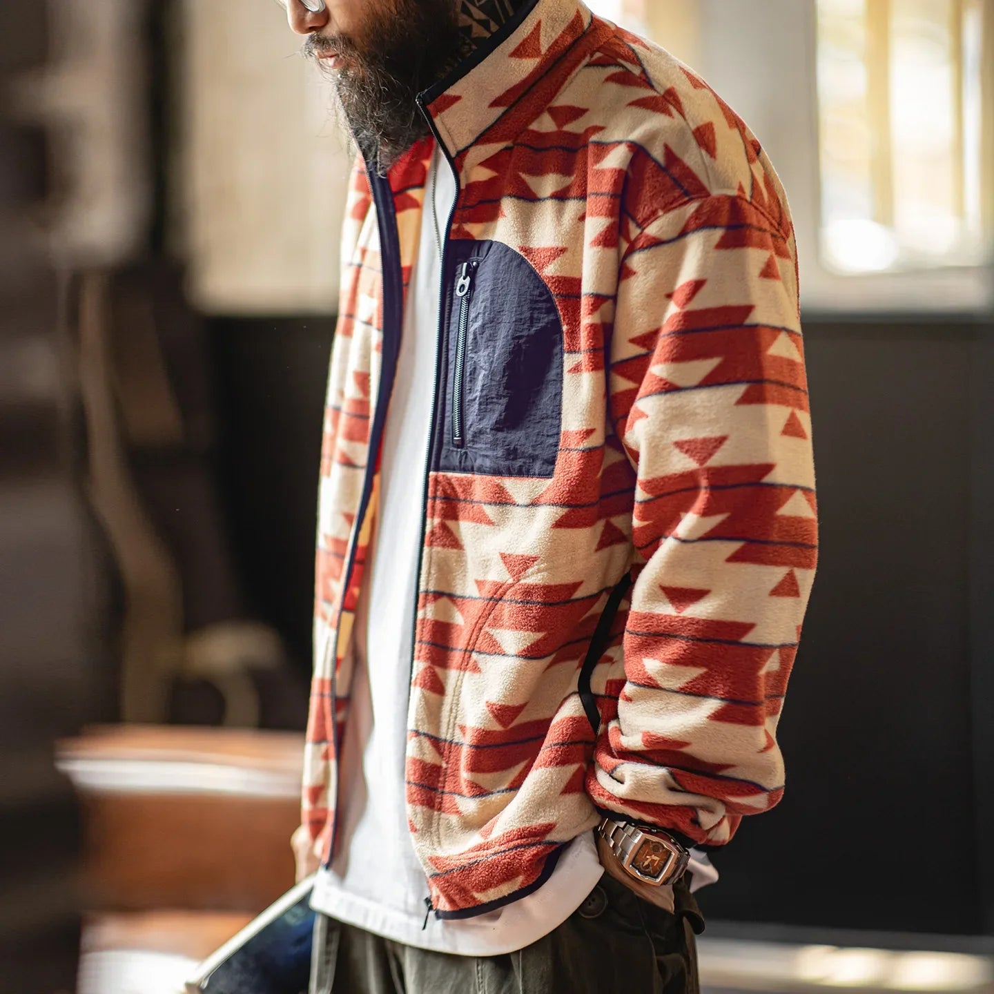 Men's Vintage Navajo Polar Fleece Jacket Stand Collar Zip-Up Patchwork Sweatshirt Warm Cardigan for Spring and Autumn Coat