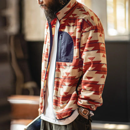 Men's Vintage Navajo Polar Fleece Jacket Stand Collar Zip-Up Patchwork Sweatshirt Warm Cardigan for Spring and Autumn Coat