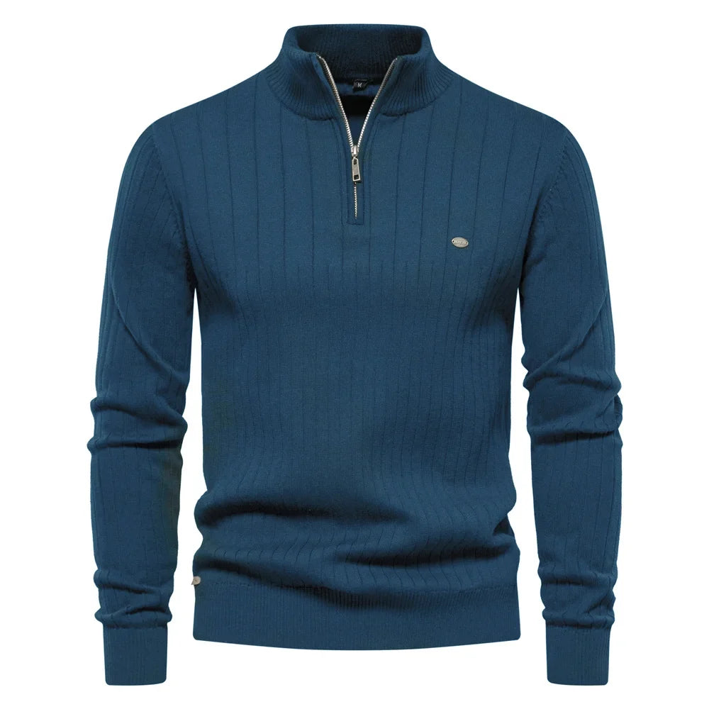 2024 Autumn Quarter Zipper Mock Neck Pullover Sweaters for Men Quality Warm Winter Cotton Knitted Men's Sweaters