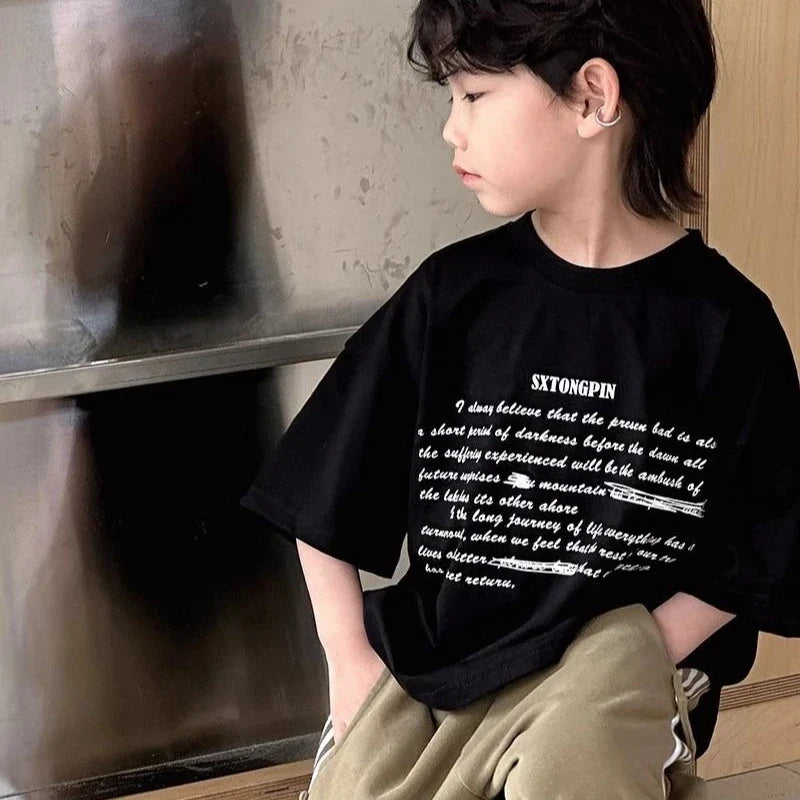 Boys' Korean Style 100% Cotton Short Sleeve T-Shirt Summer New Letter Print Casual Streetwear Cool