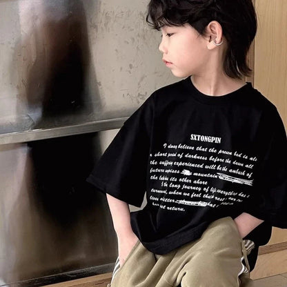 Boys' Korean Style 100% Cotton Short Sleeve T-Shirt Summer New Letter Print Casual Streetwear Cool