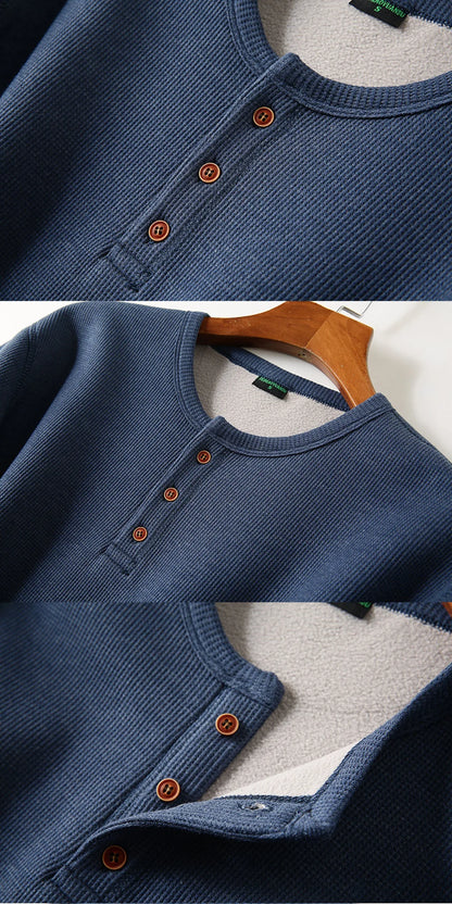 Men's Fleece - Lined Thickened Long - Sleeved Henley Neck Waffle Knit T - Shirt