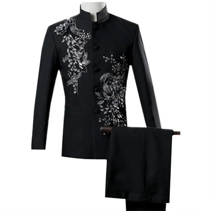 New Men Luxury Decal Suits Black / Red / Blue / White Fashion Singer Host Stage Performance Splicing Flower Blazers and Pants