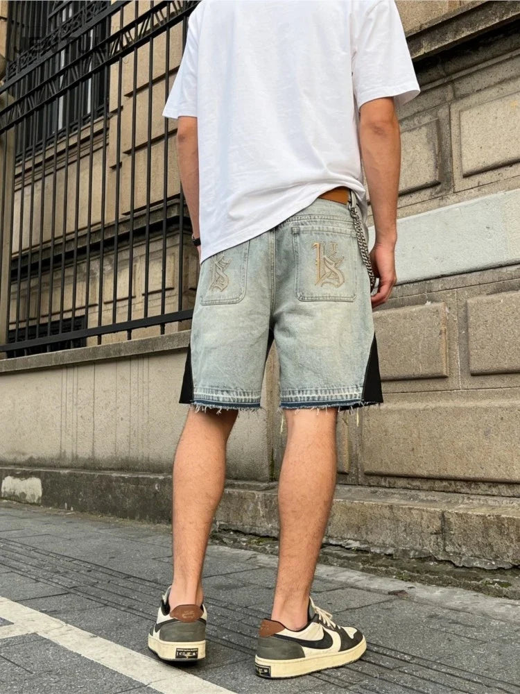 Retro Blue Streetwear Patchwork Denim Short Y2K Jeans Men Women Hip Hop Cartoon Graphics Loose Metal Denim Fitness Casual Shorts
