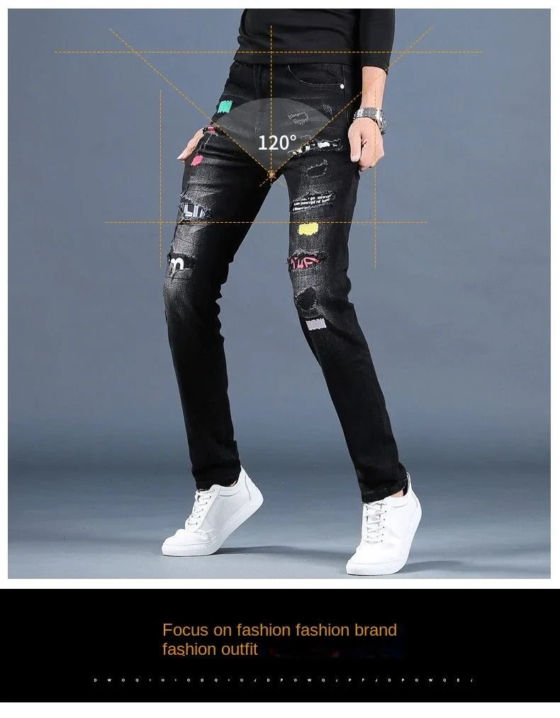 Harajuku Fashion Men's High-end Embroidered Jeans Korean Style Prints Patches Slim Fit Casual Spring Autumn Cowboy Trousers