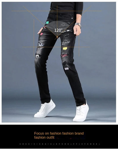 Harajuku Fashion Men's High-end Embroidered Jeans Korean Style Prints Patches Slim Fit Casual Spring Autumn Cowboy Trousers