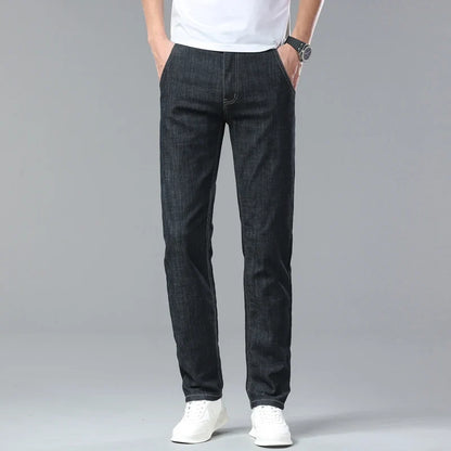 Light Blue Classic Business Casual Cotton Pants Fashion Breathable Denim Elastic Trousers Brand Men's Clothing Straight Jeans