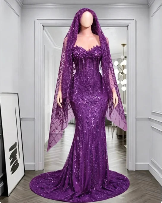 Red Rhinestone Matching Cape Veil Women Mermaid Prom Dress Formal Wedding Eveing Party Gown Customized