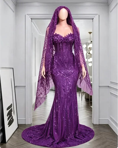 Red Rhinestone Matching Cape Veil Women Mermaid Prom Dress Formal Wedding Eveing Party Gown Customized