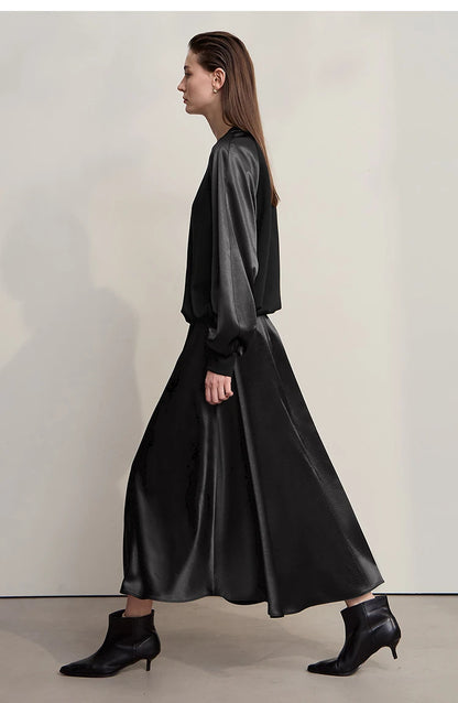 Women's Skirt Loose Long A-skirt Satin Skirts For Women 2025 Autumn New Minimalist Solid Color Clothing Ladies 12513015