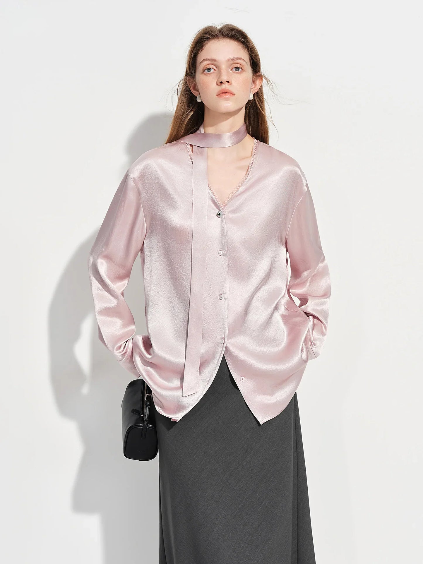French-style Elegant V-neck Acetate Long-sleeved Shirts Women New Spring 2026 Design Satin Top Lace Bow