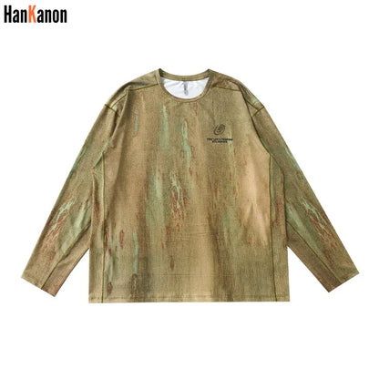 Men's Wasteland Style Long Sleeve T-Shirt - Distressed Digital Print & Loose Elastic Fit Casual Top Unisex