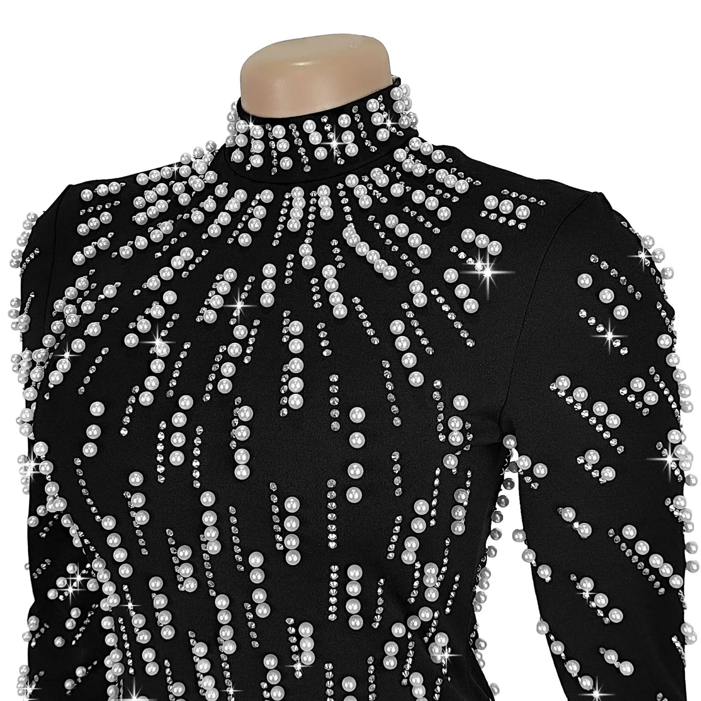 Temperament Elegant Party Diamond Pearl Long Bodycon Dress Women O Neck Long Sleeve Glitter Club Evening Black Sheath Maxi Dress