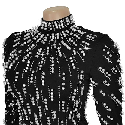 Temperament Elegant Party Diamond Pearl Long Bodycon Dress Women O Neck Long Sleeve Glitter Club Evening Black Sheath Maxi Dress