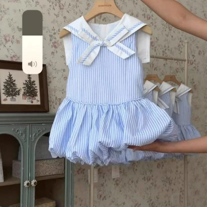 Summer Blue Striped Printed Princess Dress Sleeveless Collar Splicing Girls Dresses Korean Version Kids Casual Wear