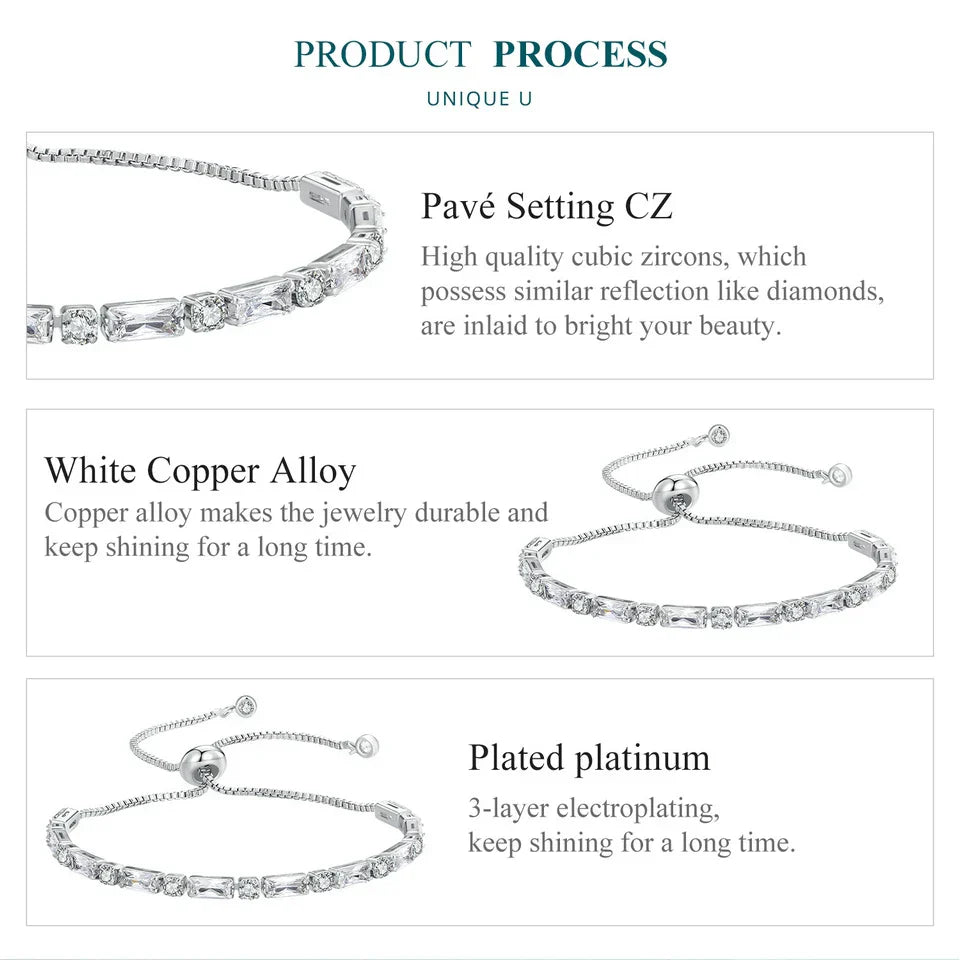 Luxury Square Zircon Adjustable Bracelet Sparkling Zirconia Chain Link for Men Women Birthday Gift Crystal Fine Jewelry